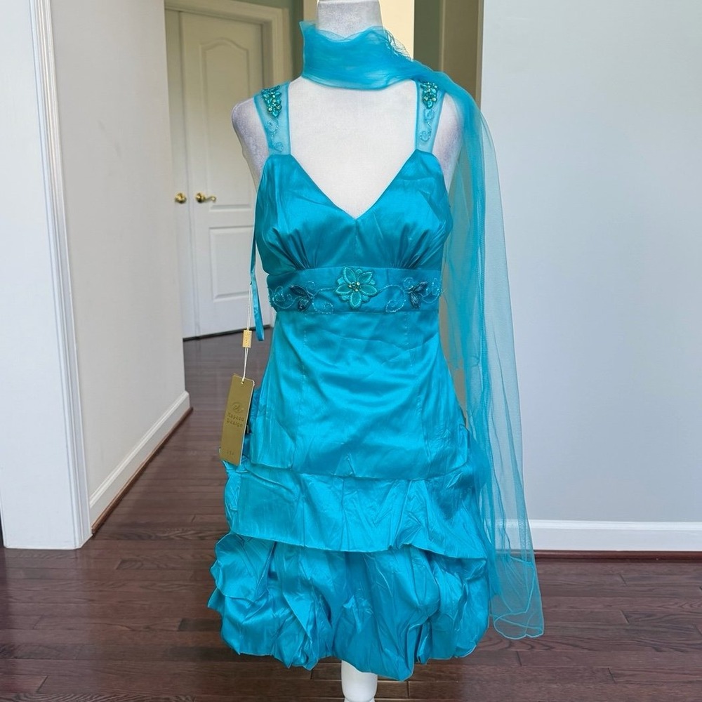 Aspeed Design Vintage Blue Layered Ruched Cocktail Dress Beaded Floral NWT XS